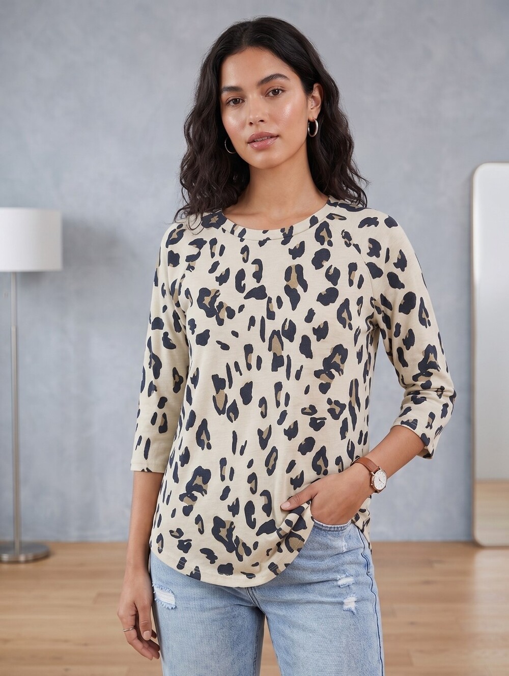Tickled Teal Leopard Raglan Top - Beige/Black